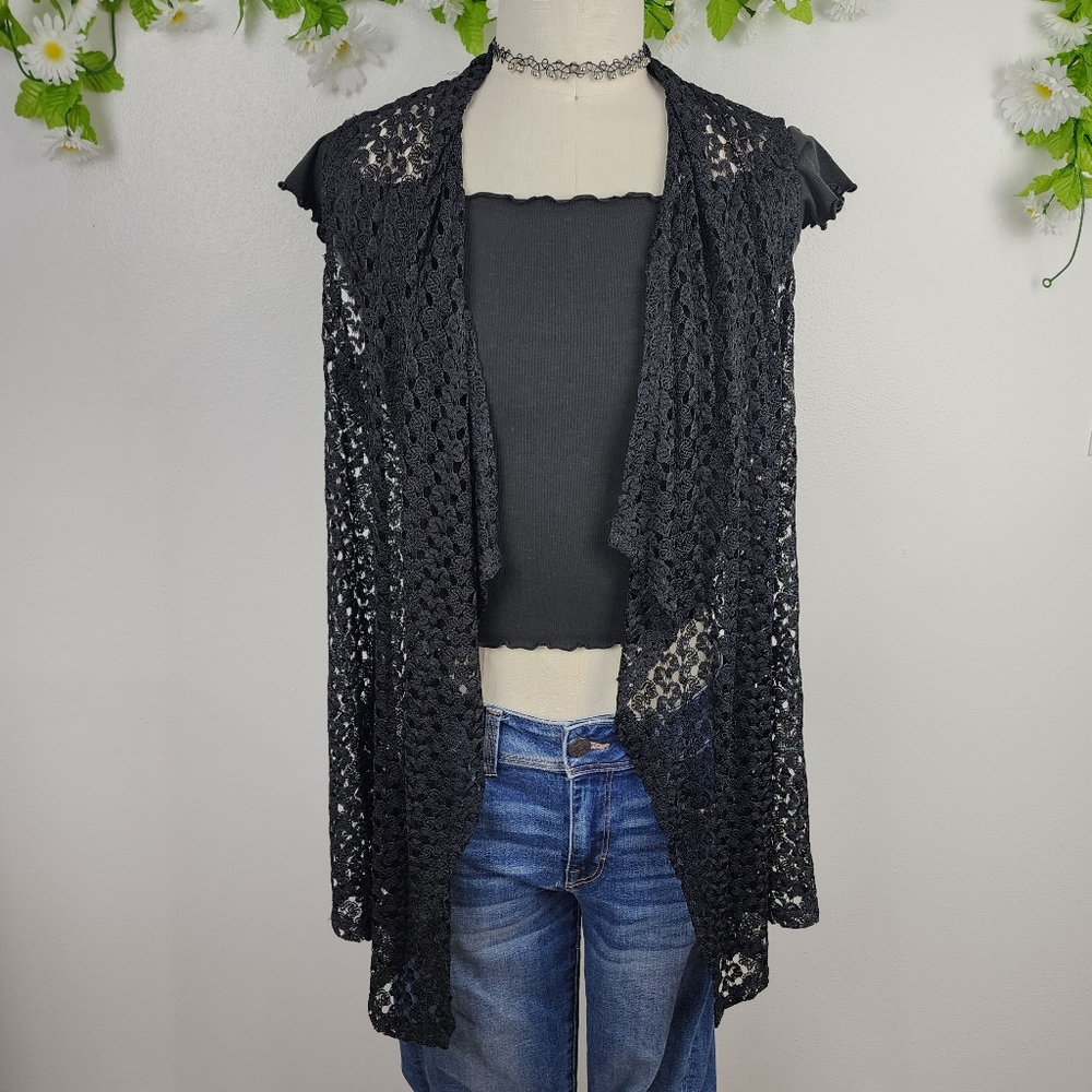 Allison Daley Black Lace Cardigan Sleeveless Sz Petite Large